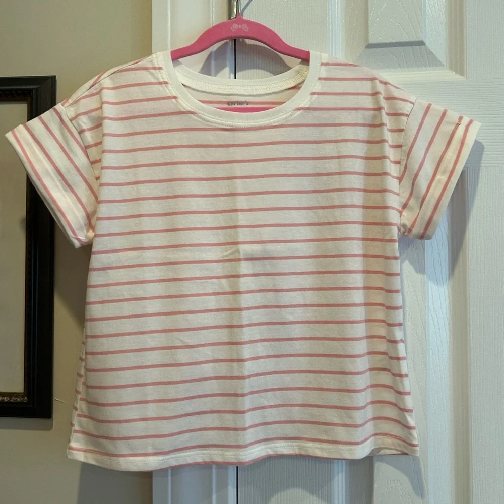 Carter's White and Pink Striped Short Sleeve Tee